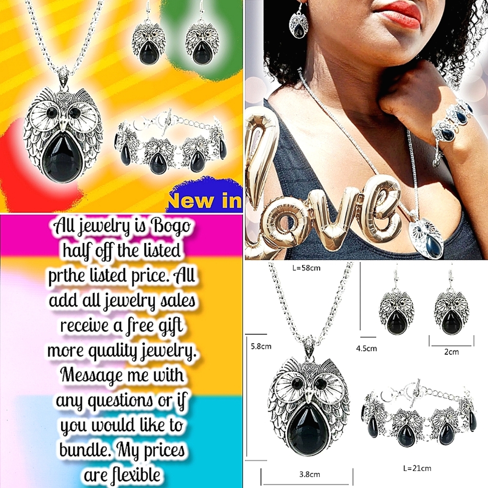Silver plated black crystal stone owl necklace earrings bracelet set